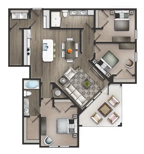 Floor plan for 3 beds, 2 baths, 1376 sqft